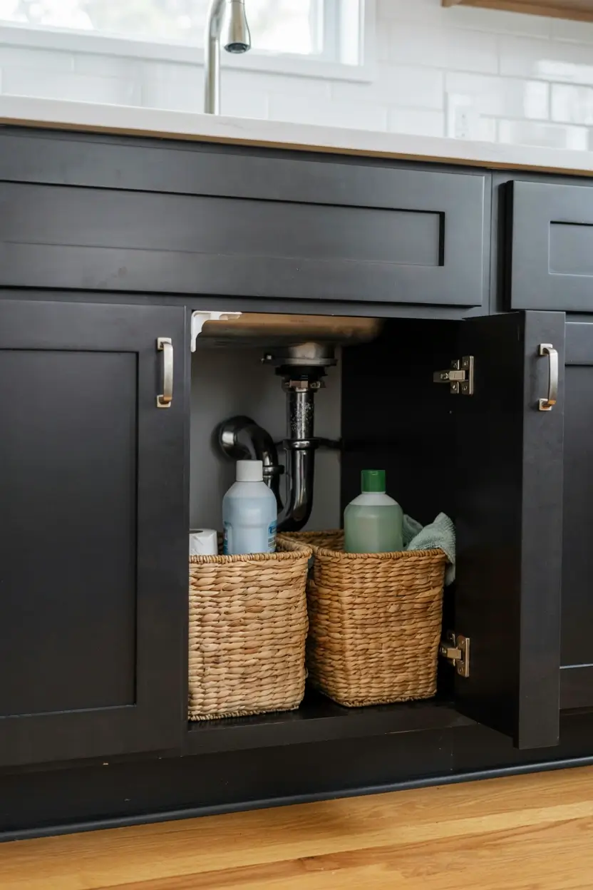 Childproof lock inside an under-sink cabinet with woven baskets storing household cleaning products.