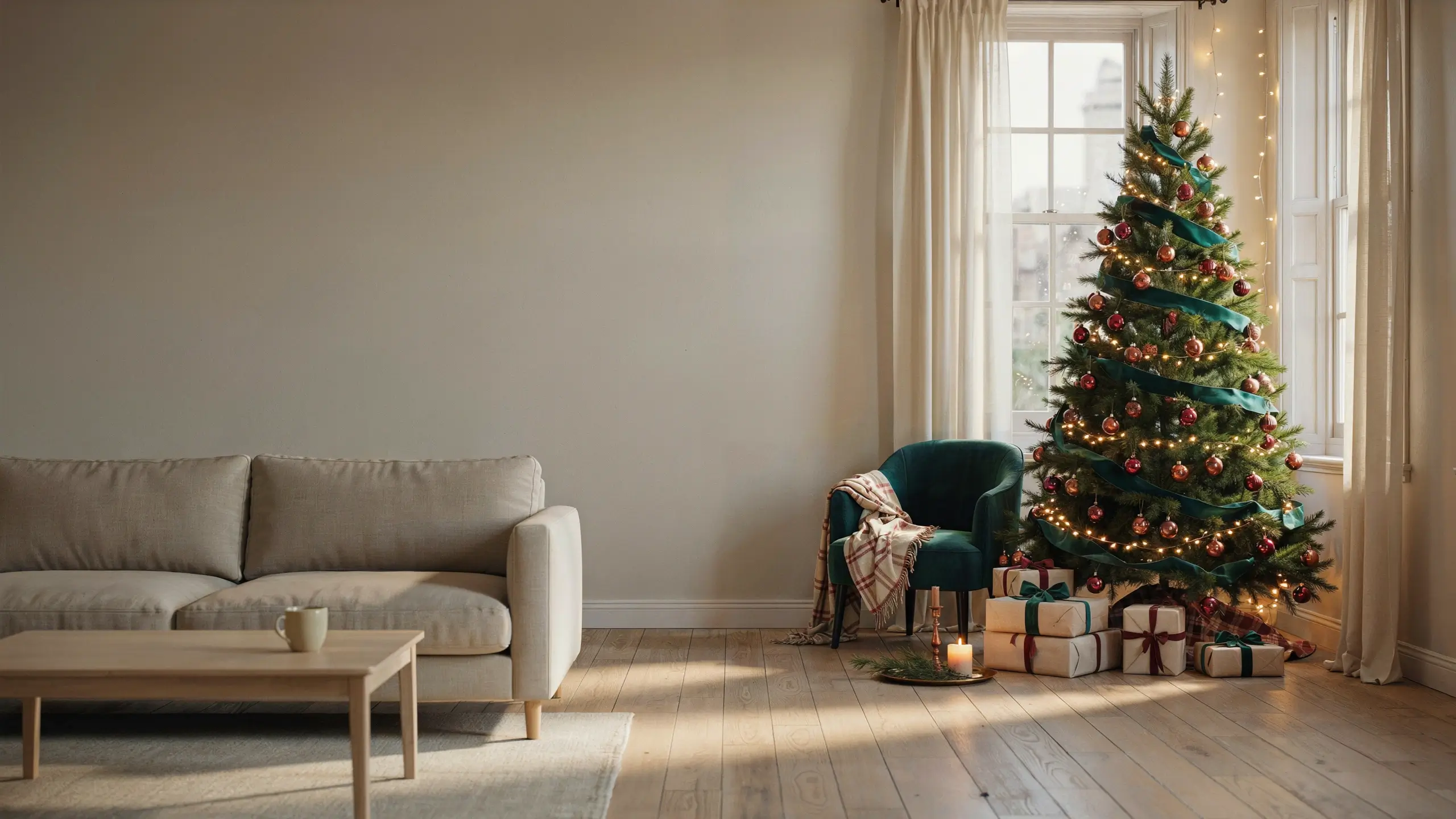 Christmas tree decorating one corner of a minimalist living room beside a green chair and wrapped gifts.