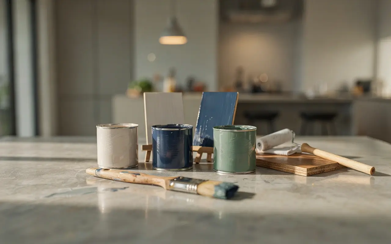 Paint cans and color swatches on a kitchen island for choosing the right paint finish.