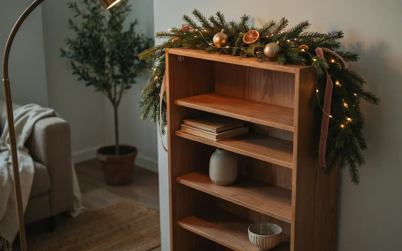 Christmas garland with lights, ornaments and dried oranges draped over a wooden bookshelf in a small living room.