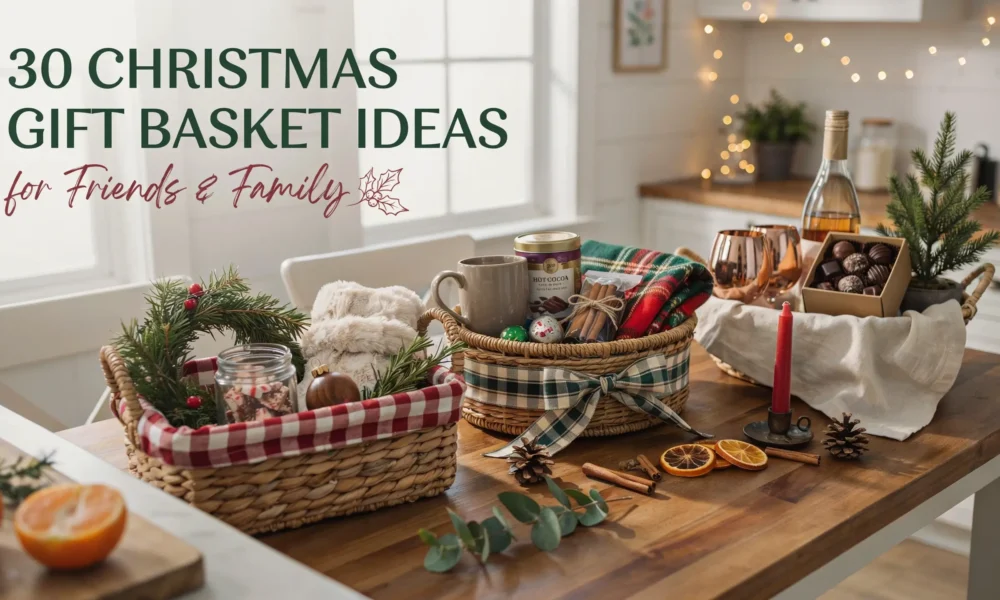 Christmas gift basket ideas for friends and family featuring cocoa, blankets, chocolates, wine and festive greenery.