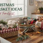 Christmas gift basket ideas for friends and family featuring cocoa, blankets, chocolates, wine and festive greenery.