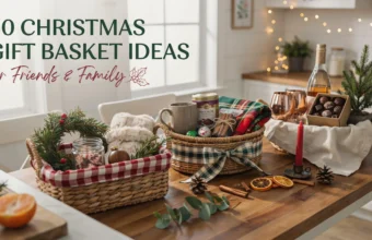 Christmas gift basket ideas for friends and family featuring cocoa, blankets, chocolates, wine and festive greenery.