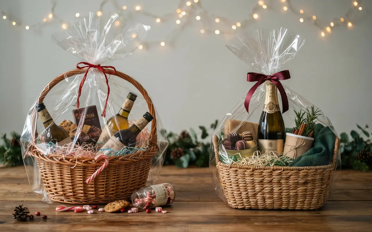 Side-by-side Christmas gift baskets showing a cluttered basket and a neatly styled basket wrapped in cellophane.