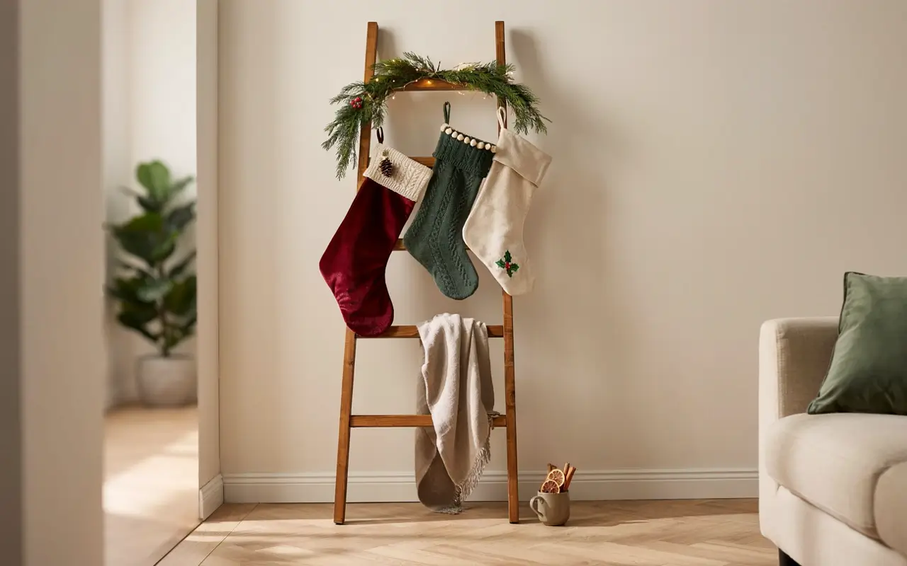Wooden ladder decorated with greenery and red, green, and cream Christmas stockings in a small living room.