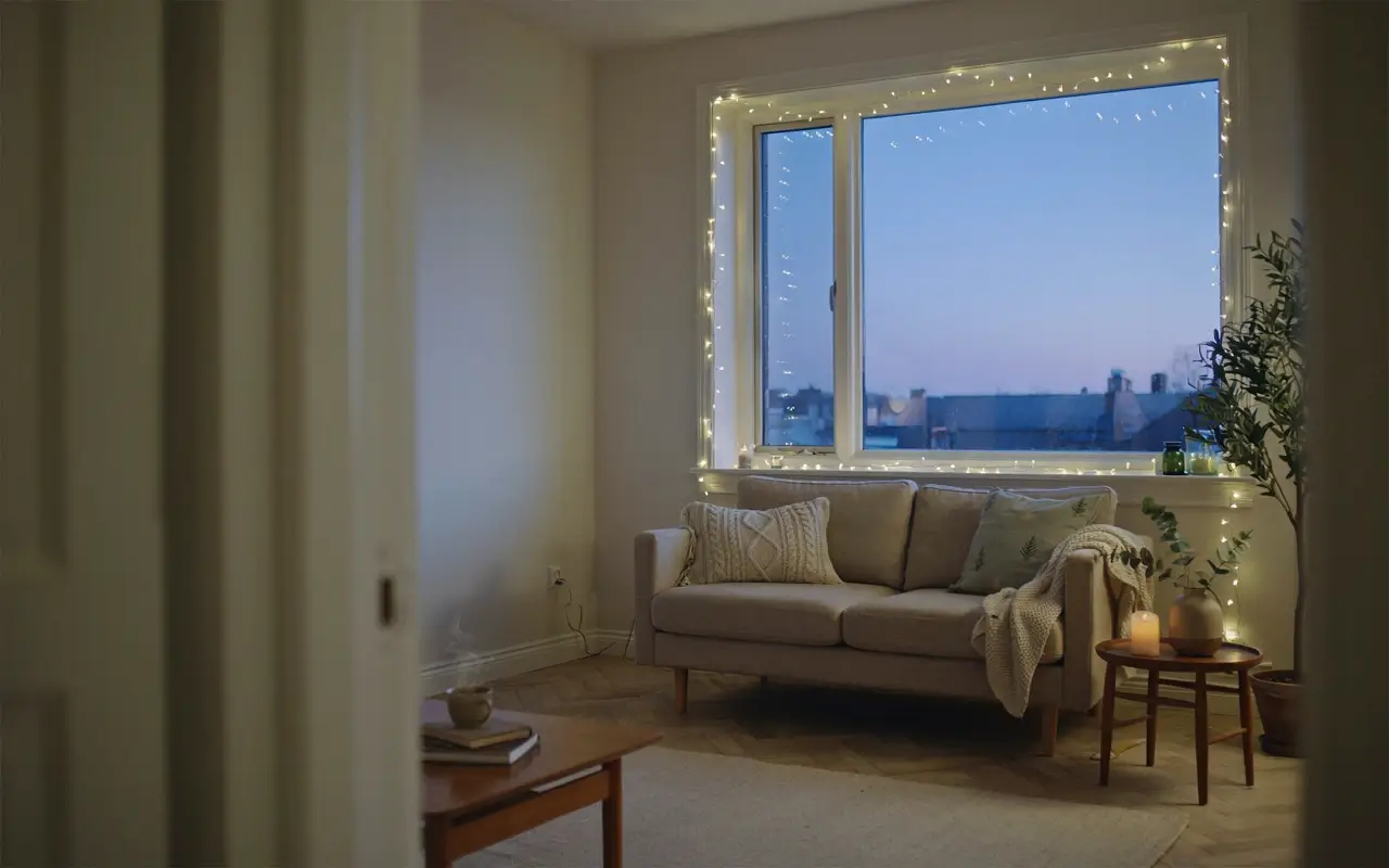 Warm white string lights frame a living room window above a cozy sofa at dusk.