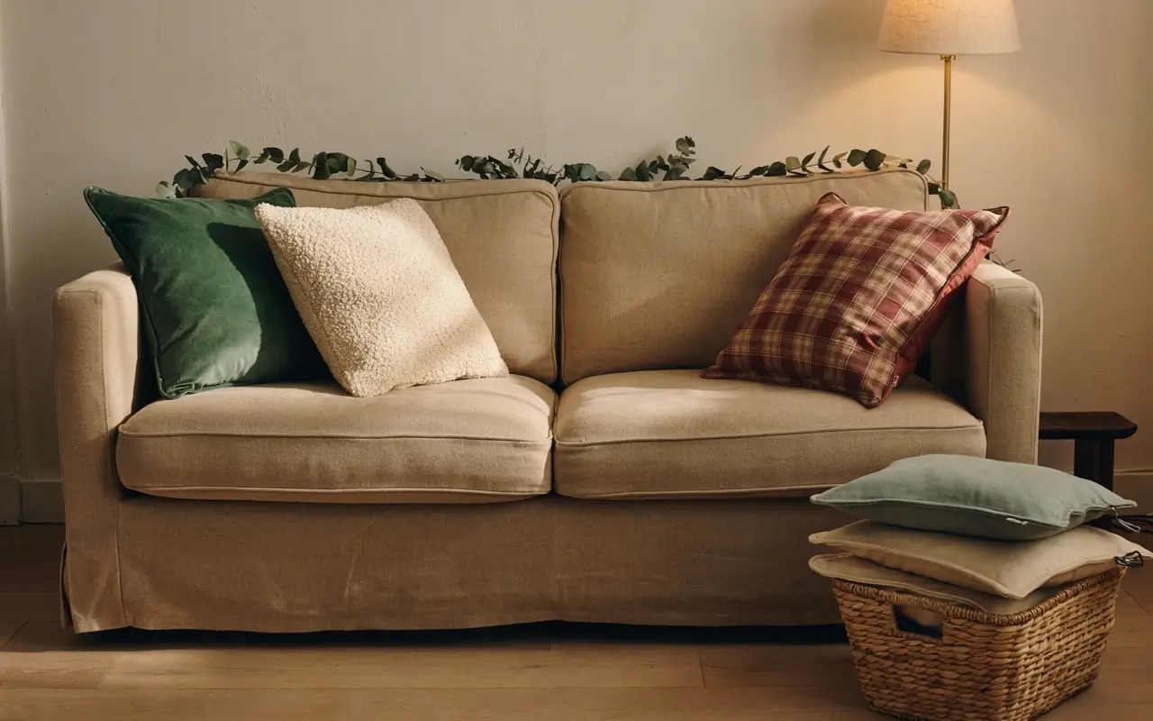 Beige sofa with green, cream, and red plaid throw pillows for an easy Christmas living room refresh.