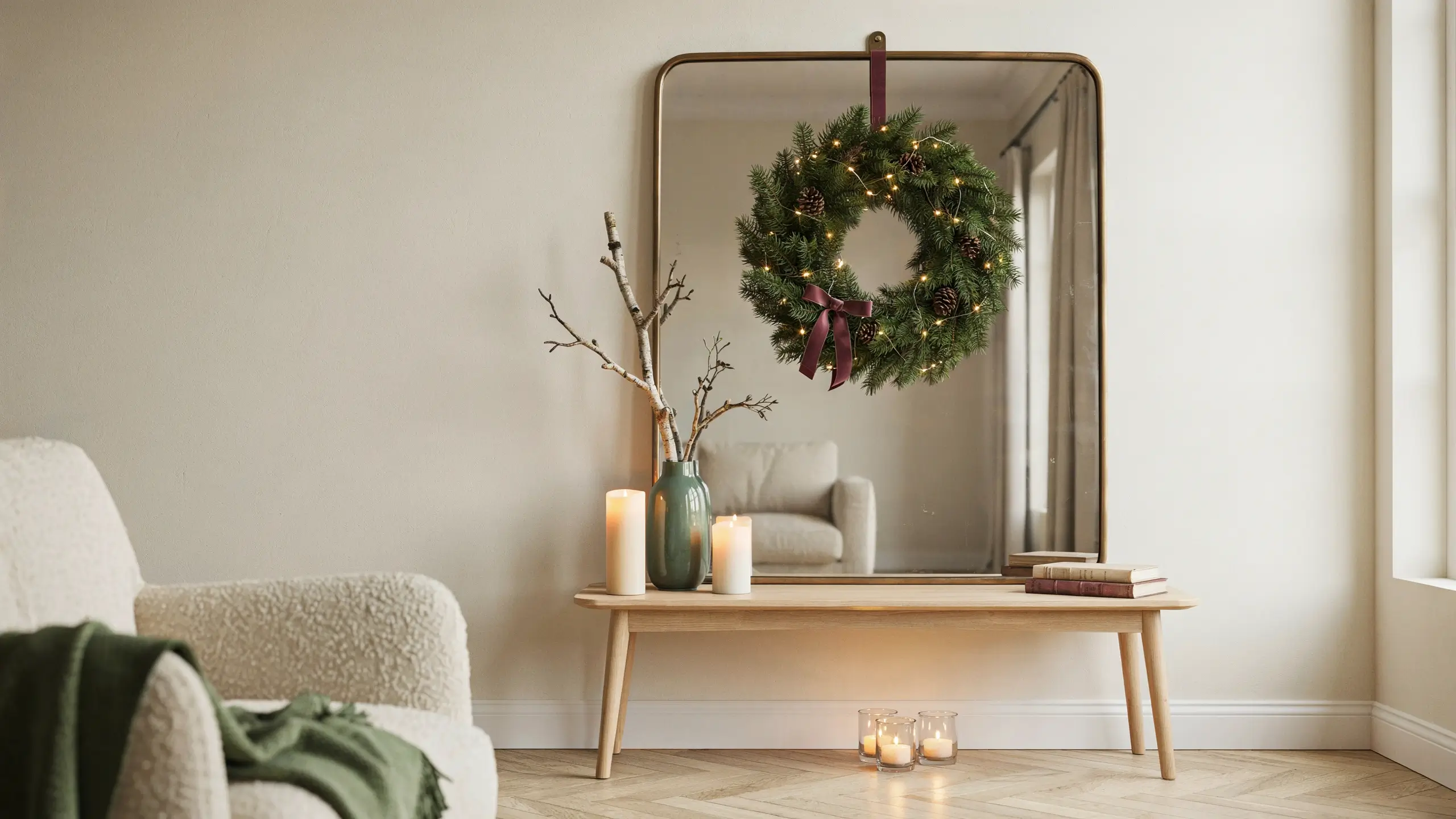 Christmas wreath with warm lights hanging on a living room mirror above a wooden console table.
