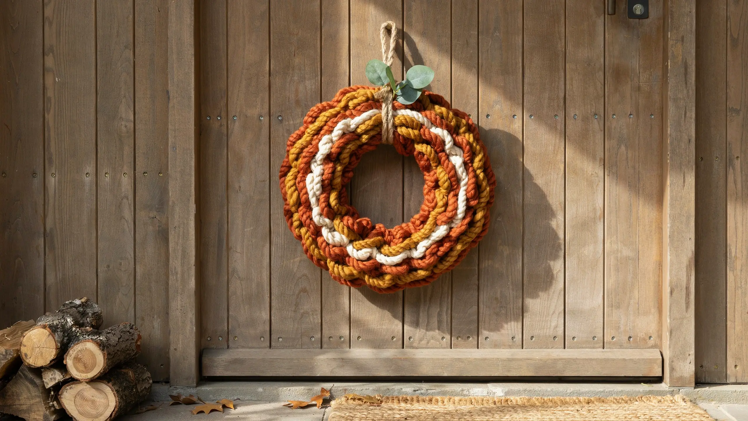 "Chunky loop yarn pumpkin wreath in autumn orange and yellow hues hanging on a rustic vertical plank wooden door, adorned with a natural jute hanger and a sprig of faux green eucalyptus, framing a cozy fall front porch entry with stacked firewood and a woven doormat."