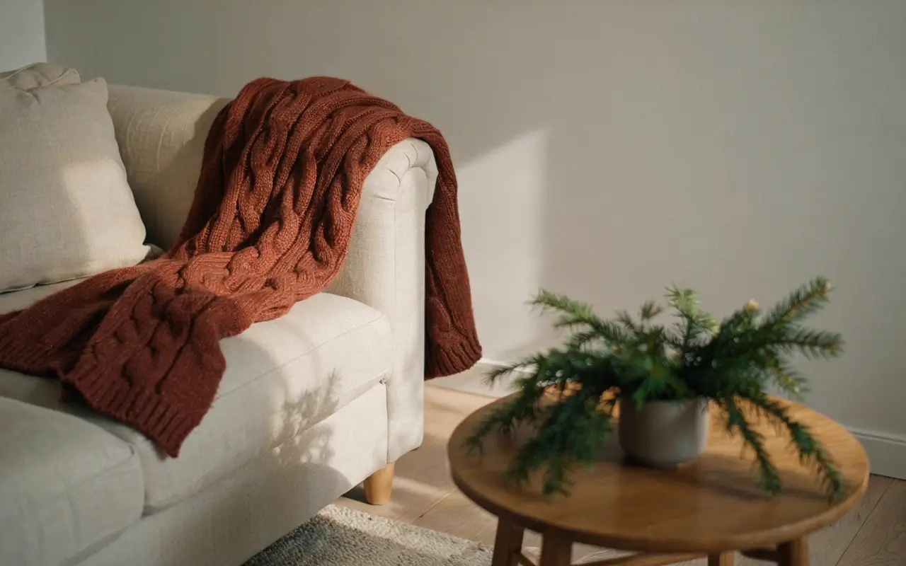Chunky terracotta knit throw draped over a cream sofa beside evergreen Christmas decor.