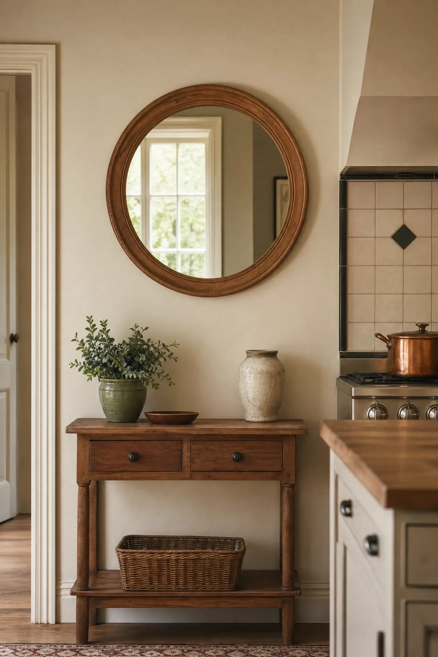 Circular vintage wood mirror above a rustic console table bouncing soft window light into a warm kitchen.
