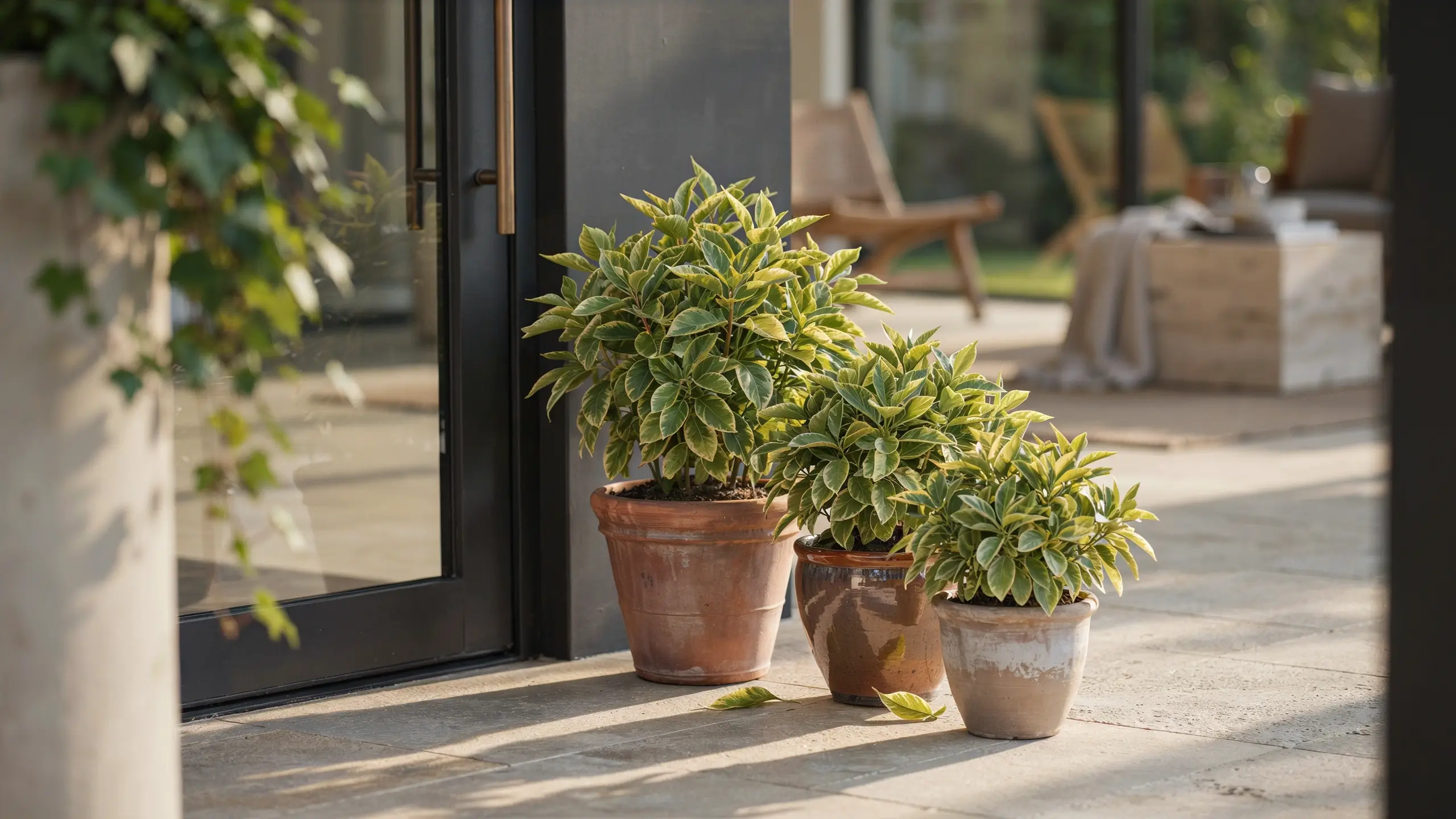 Three variegated Citronella plants (Pelargonium citrosum) in rustic terracotta pots displayed on a sunlit outdoor patio next to a glass sliding door. 