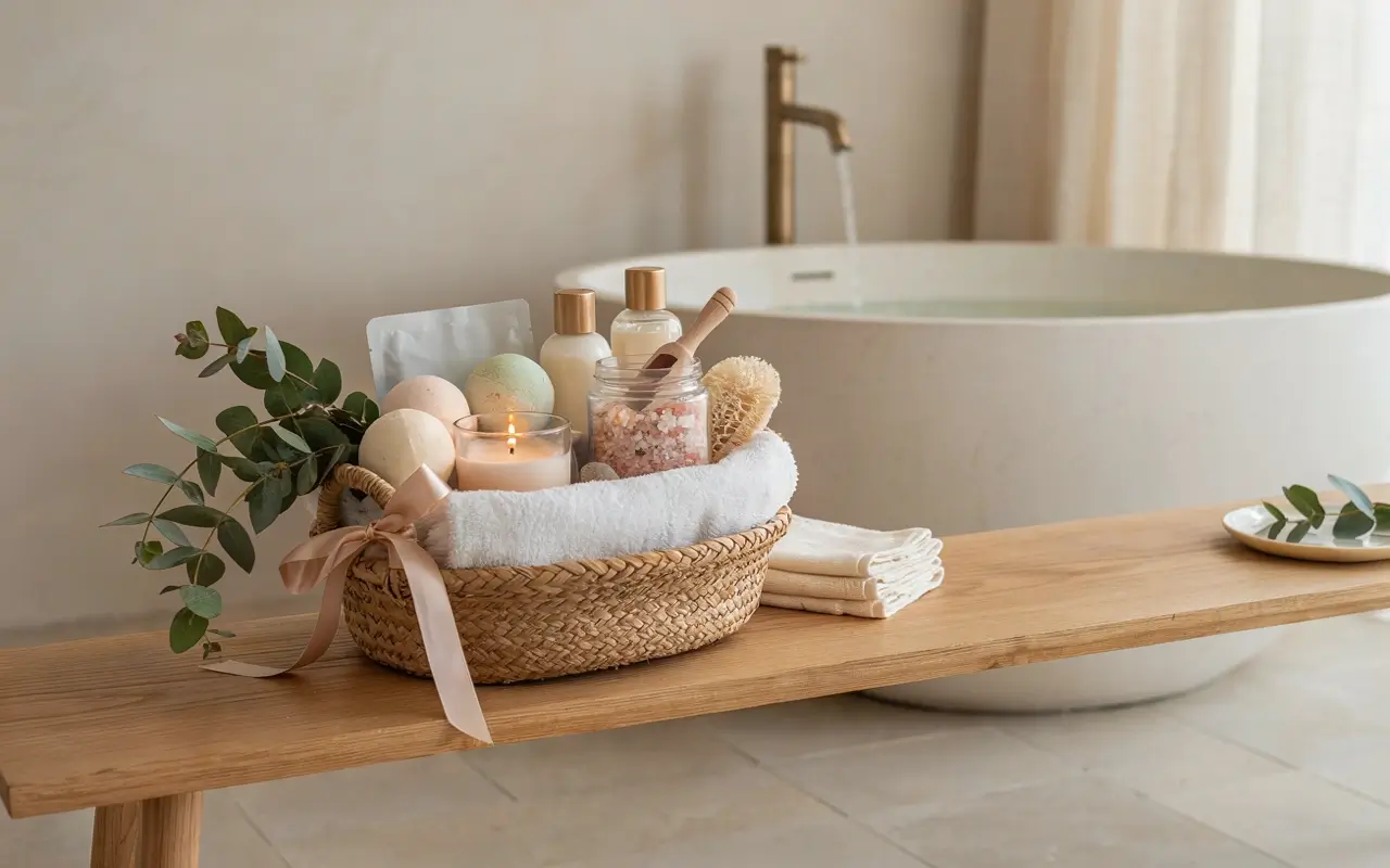 Self-care Sunday basket with a candle, bath bomb, sleep mask, mug, chocolates, book, and cozy blanket.