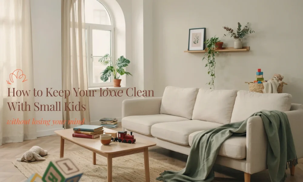 A serene, well-organized living room with a cream sofa, wooden coffee table, and kids' toys, demonstrating strategies for maintaining a clean home with small children.