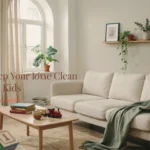 A serene, well-organized living room with a cream sofa, wooden coffee table, and kids' toys, demonstrating strategies for maintaining a clean home with small children.