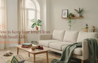 A serene, well-organized living room with a cream sofa, wooden coffee table, and kids' toys, demonstrating strategies for maintaining a clean home with small children.