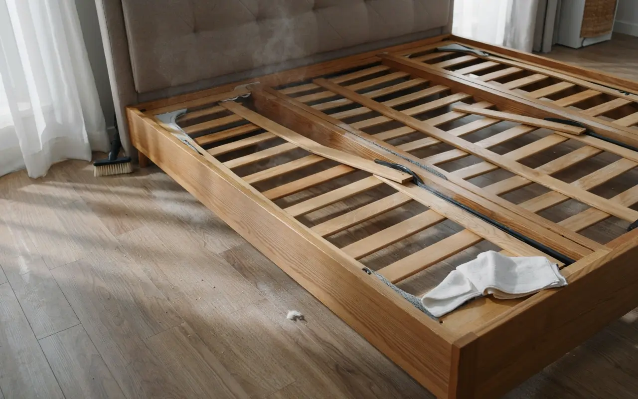 Alt Text: Wooden bed frame and slats exposed for cleaning after removing the mattress.