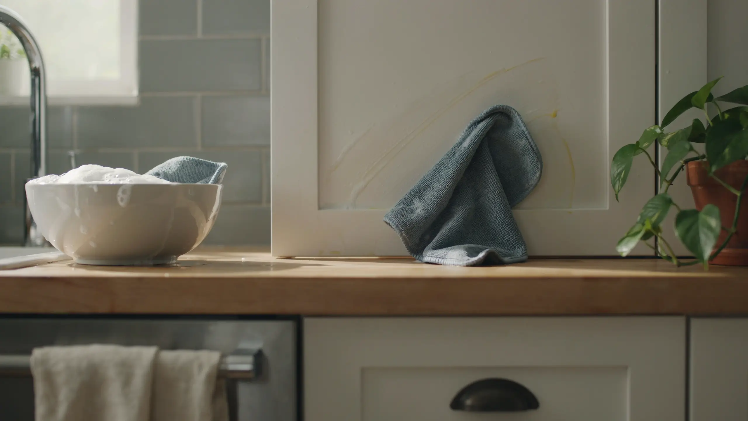 White bowl of warm soapy water and a blue textured cleaning cloth positioned near a yellow stain on a white kitchen cabinet door
