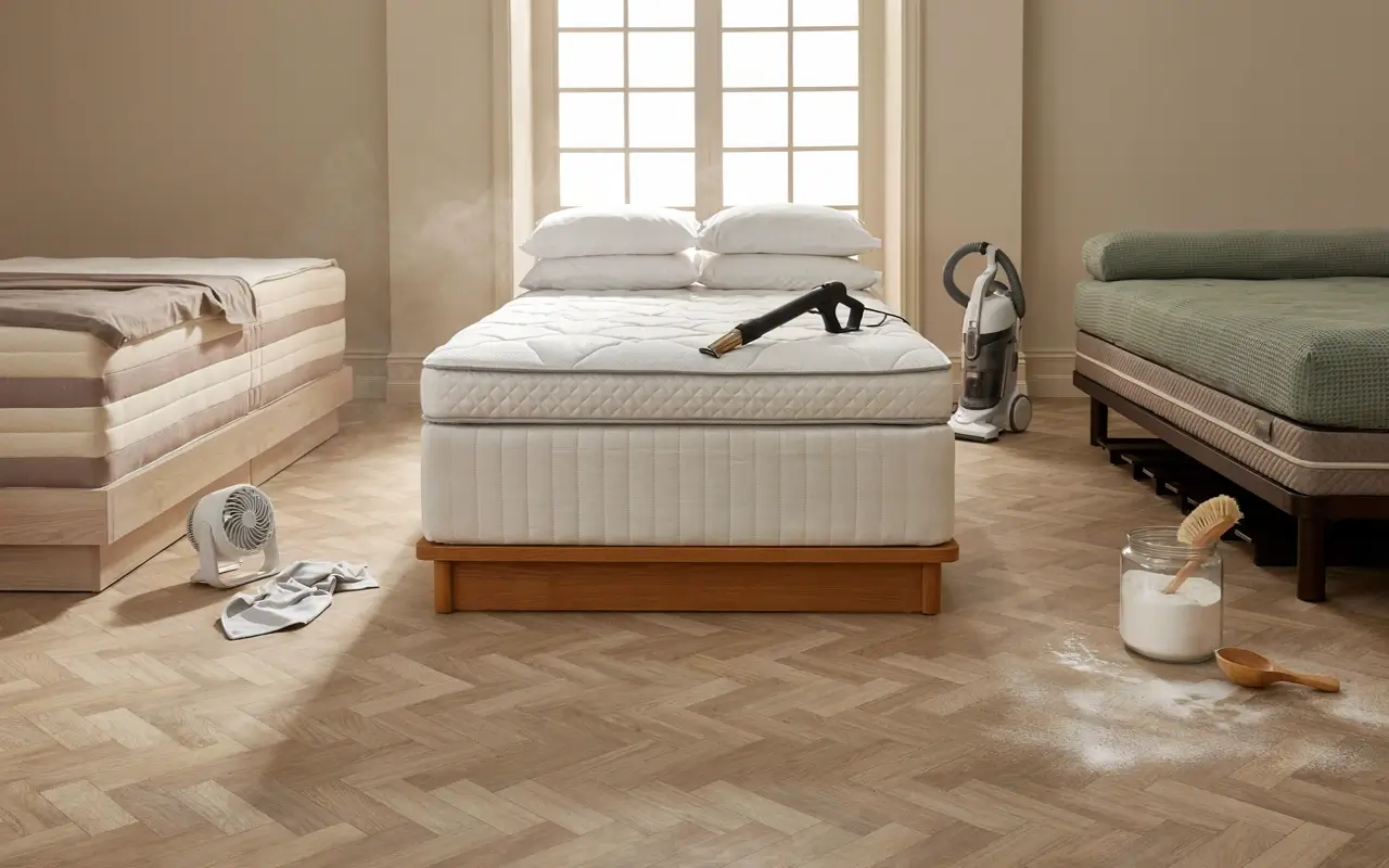 Alt Text: Three different mattress types with a vacuum, fan, and baking soda for safe mattress cleaning.