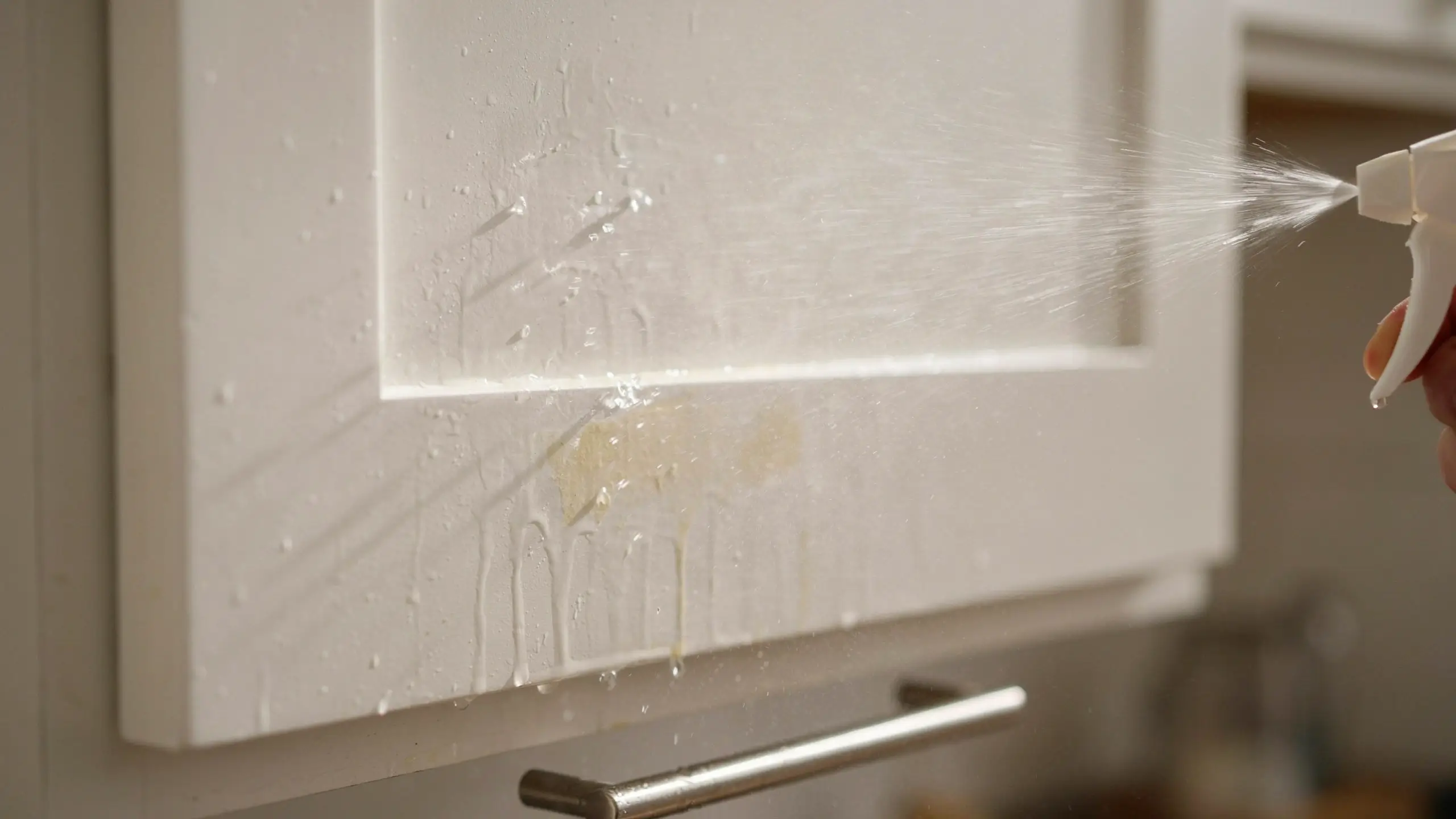 Close-up of a hand spraying a fine mist of white vinegar cleaning solution directly onto a sticky, yellowish grease stain on a white shaker-style kitchen cabinet door with a metal pull handle.