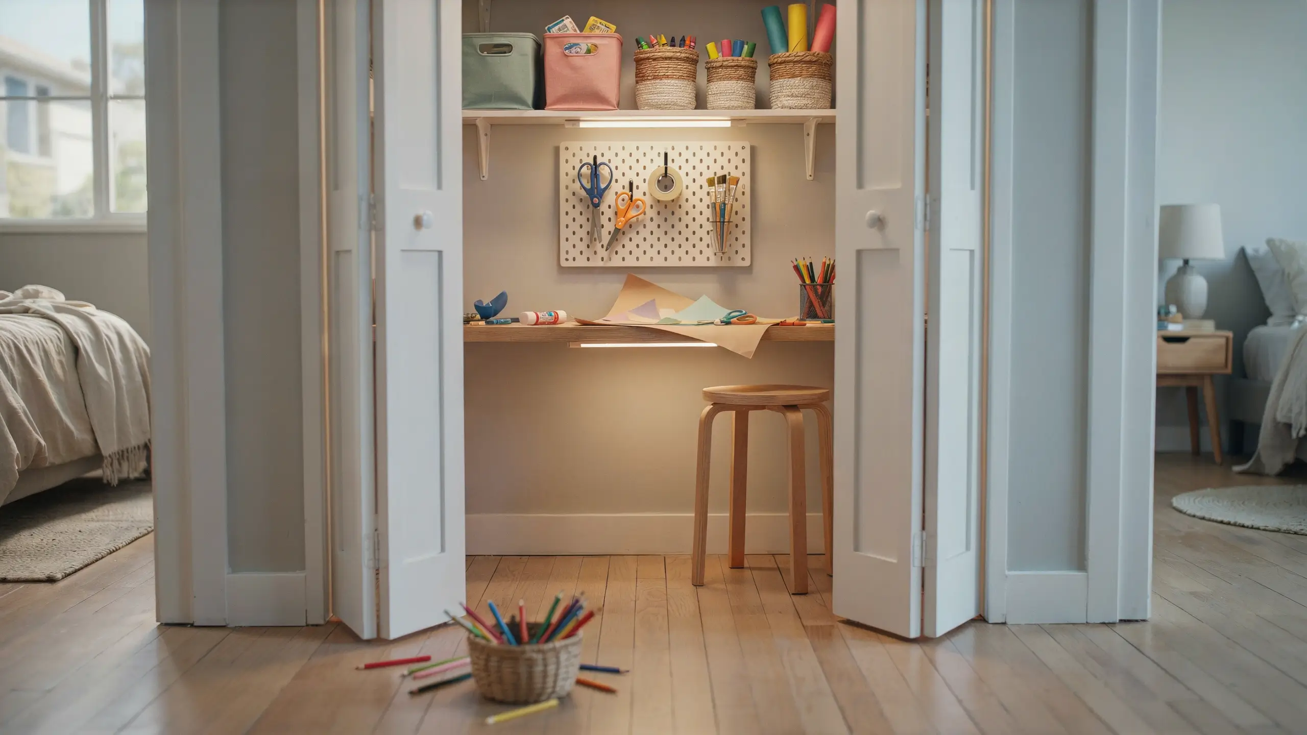 Converted white closet into an organized craft room with a wooden desk, pegboard storage, and woven baskets for art supplies. 