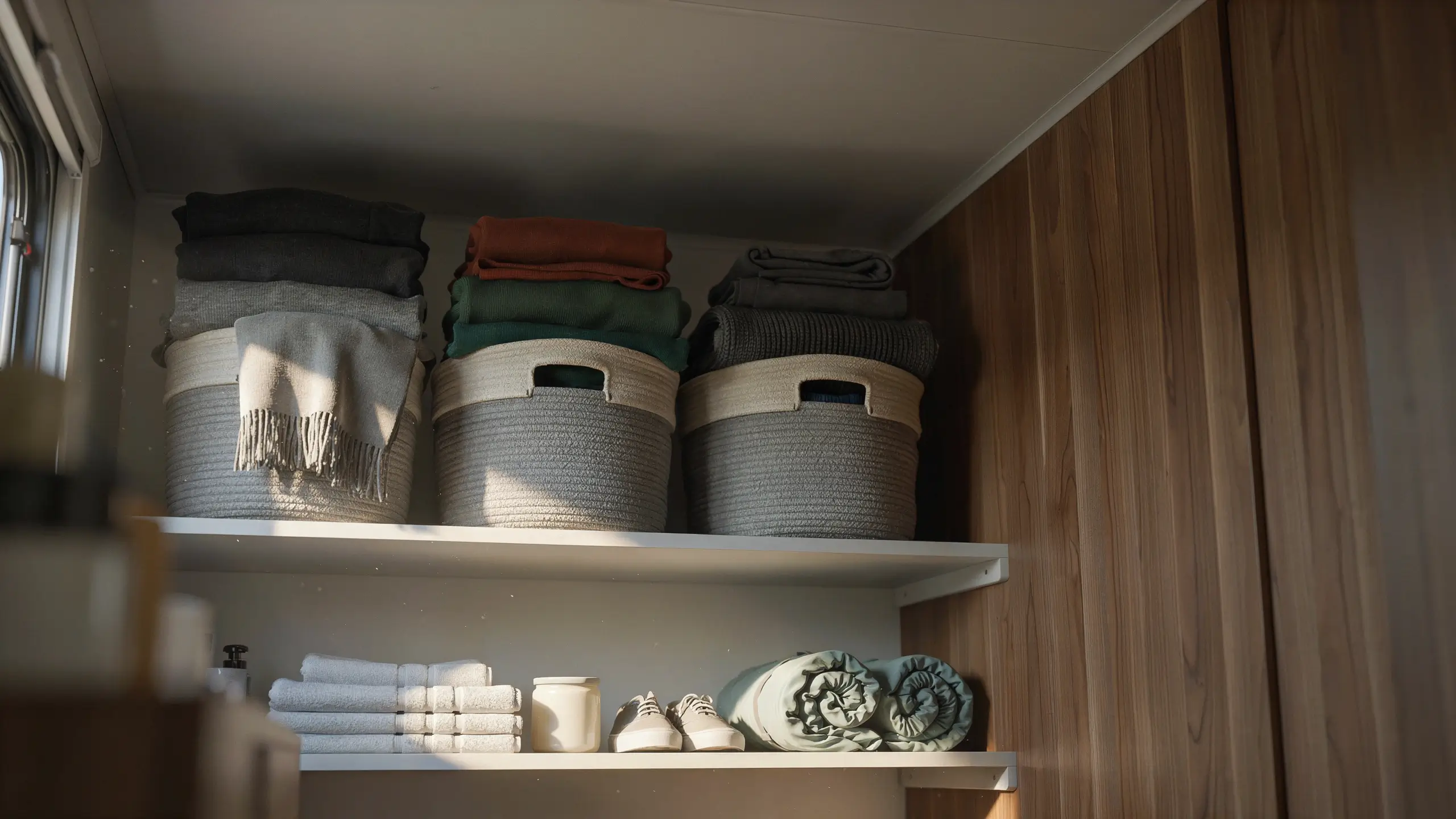 Organized closet shelving featuring three durable woven storage baskets filled with neatly folded blankets, and a bottom shelf with white towels, shoes, and rolled linens, demonstrating a designated spot for off-season or rarely used items.