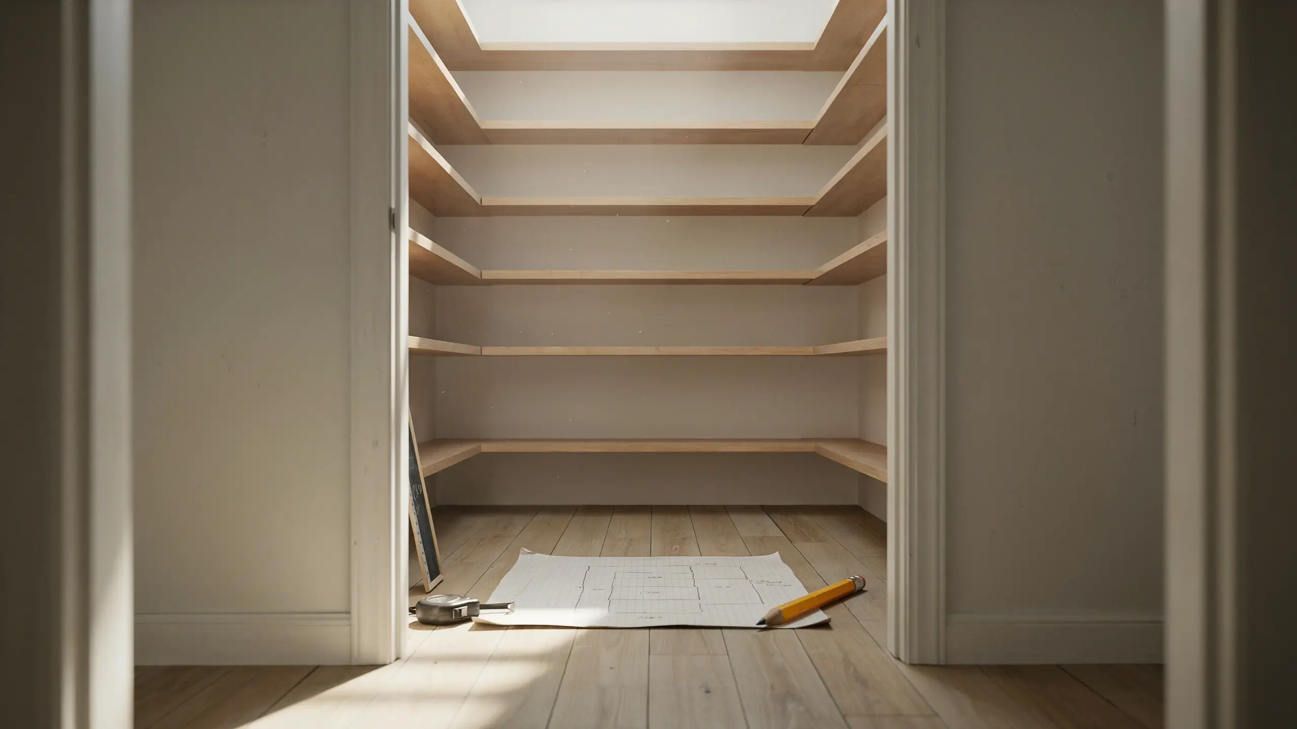 Empty light-wood closet shelves with a grid paper floor plan sketch, pencil, and measuring tape on the floor, used to plan the custom storage layout before buying bins. 