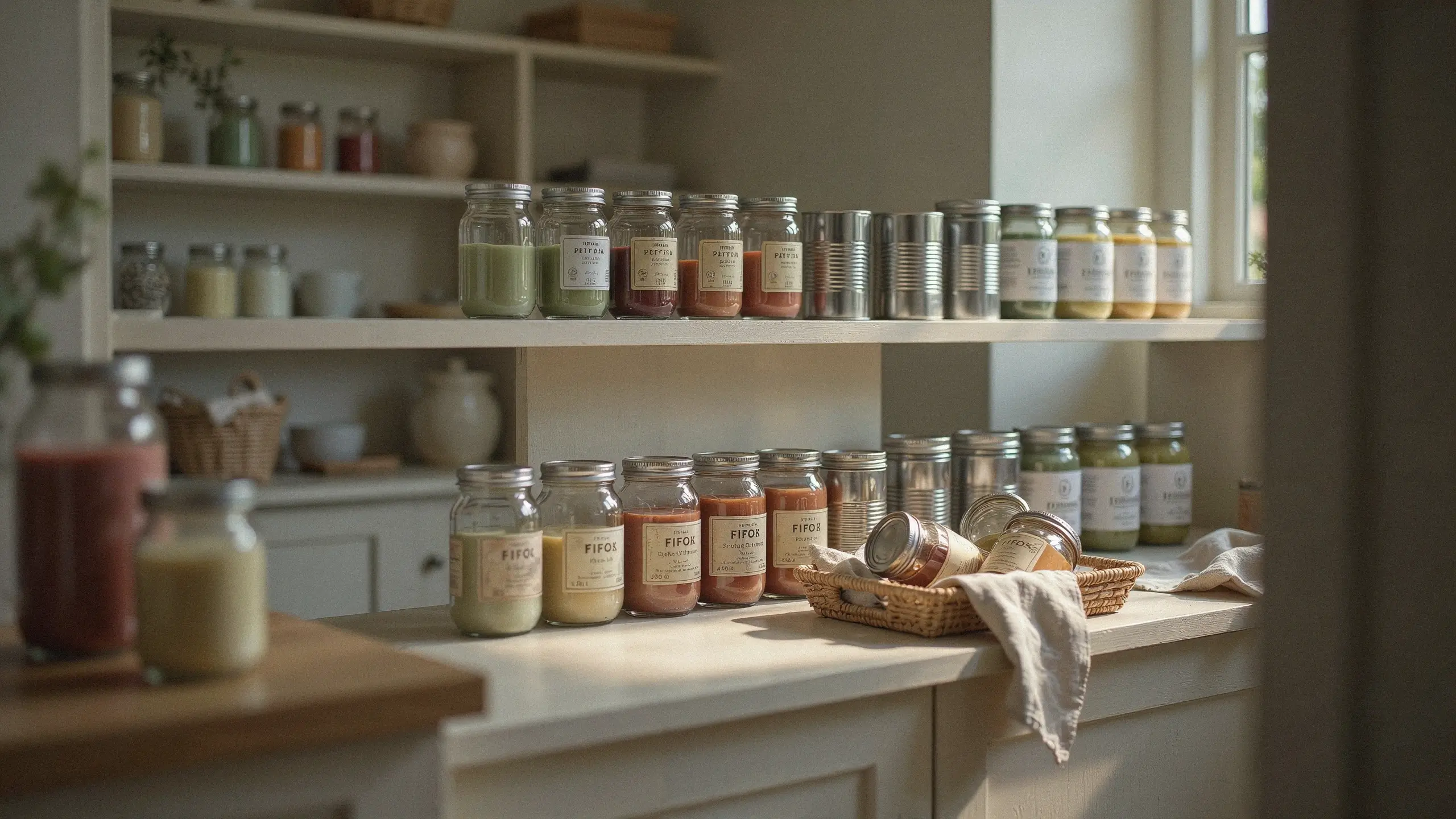 A beautifully organized closet converted into a walk-in pantry featuring white wooden shelves, labeled FIFO glass canisters, stacked tin cans, and a woven basket on the countertop.