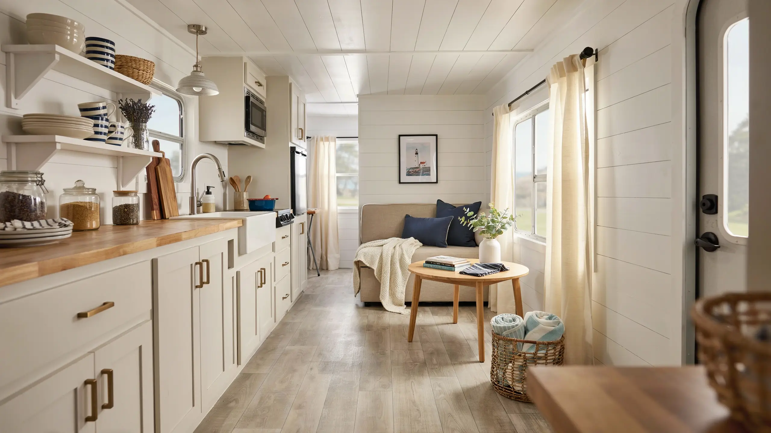 Airy coastal farmhouse kitchen and living area inside a tiny home featuring white shiplap walls, open shelving, wood floors, a butcher block counter, and navy blue throw pillows.