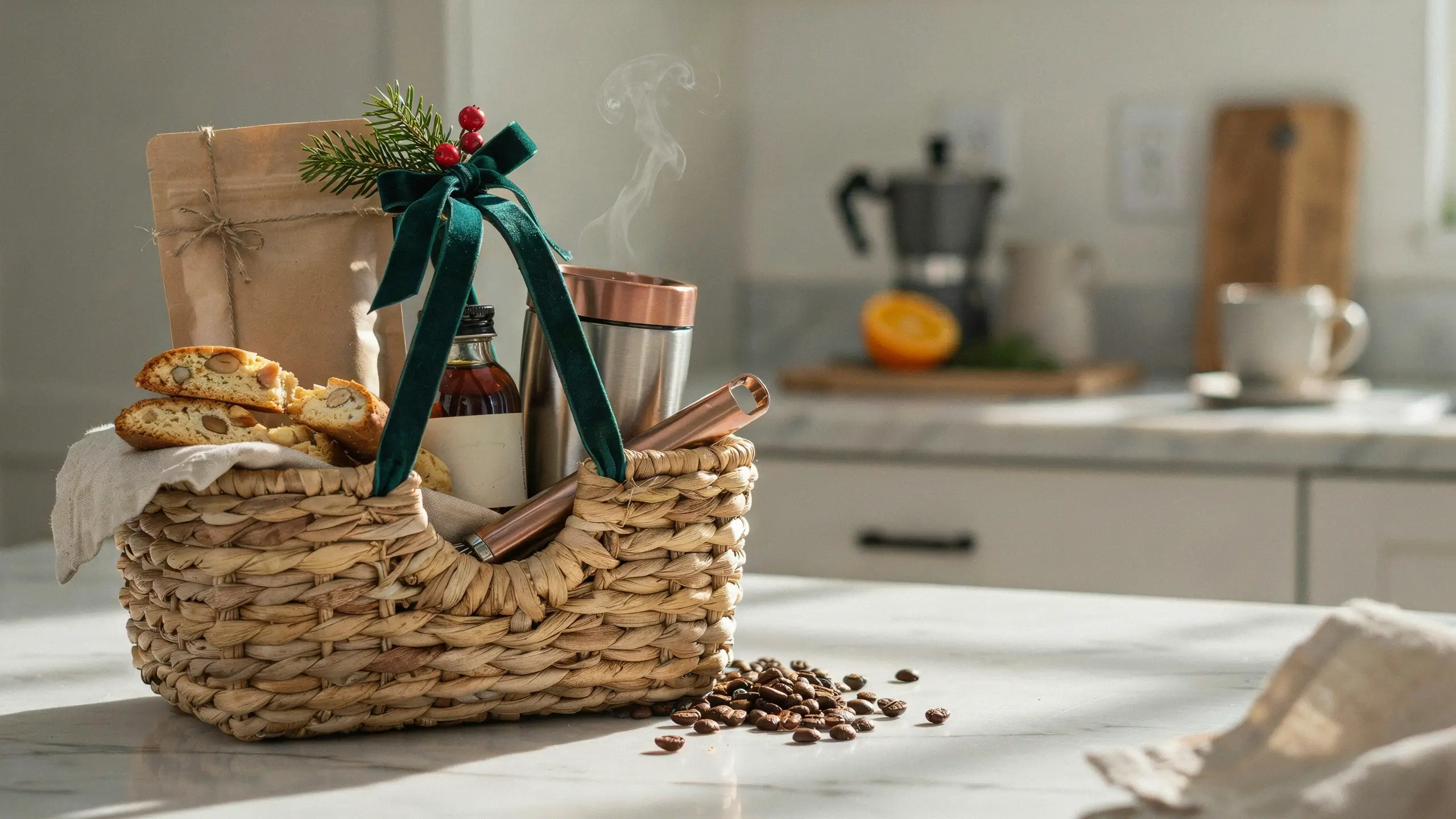 Coffee lover’s morning basket with biscotti, travel mug, coffee syrup, and beans in a bright kitchen.