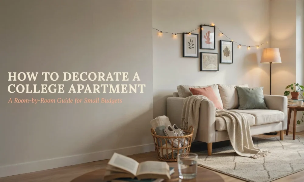Cozy college apartment living room with a beige sofa, gallery wall, and string lights, overlaid with text: "How to Decorate a College Apartment: A Room-by-Room Guide for Small Budgets