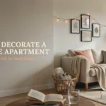 Cozy college apartment living room with a beige sofa, gallery wall, and string lights, overlaid with text: "How to Decorate a College Apartment: A Room-by-Room Guide for Small Budgets