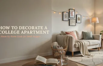 Cozy college apartment living room with a beige sofa, gallery wall, and string lights, overlaid with text: "How to Decorate a College Apartment: A Room-by-Room Guide for Small Budgets