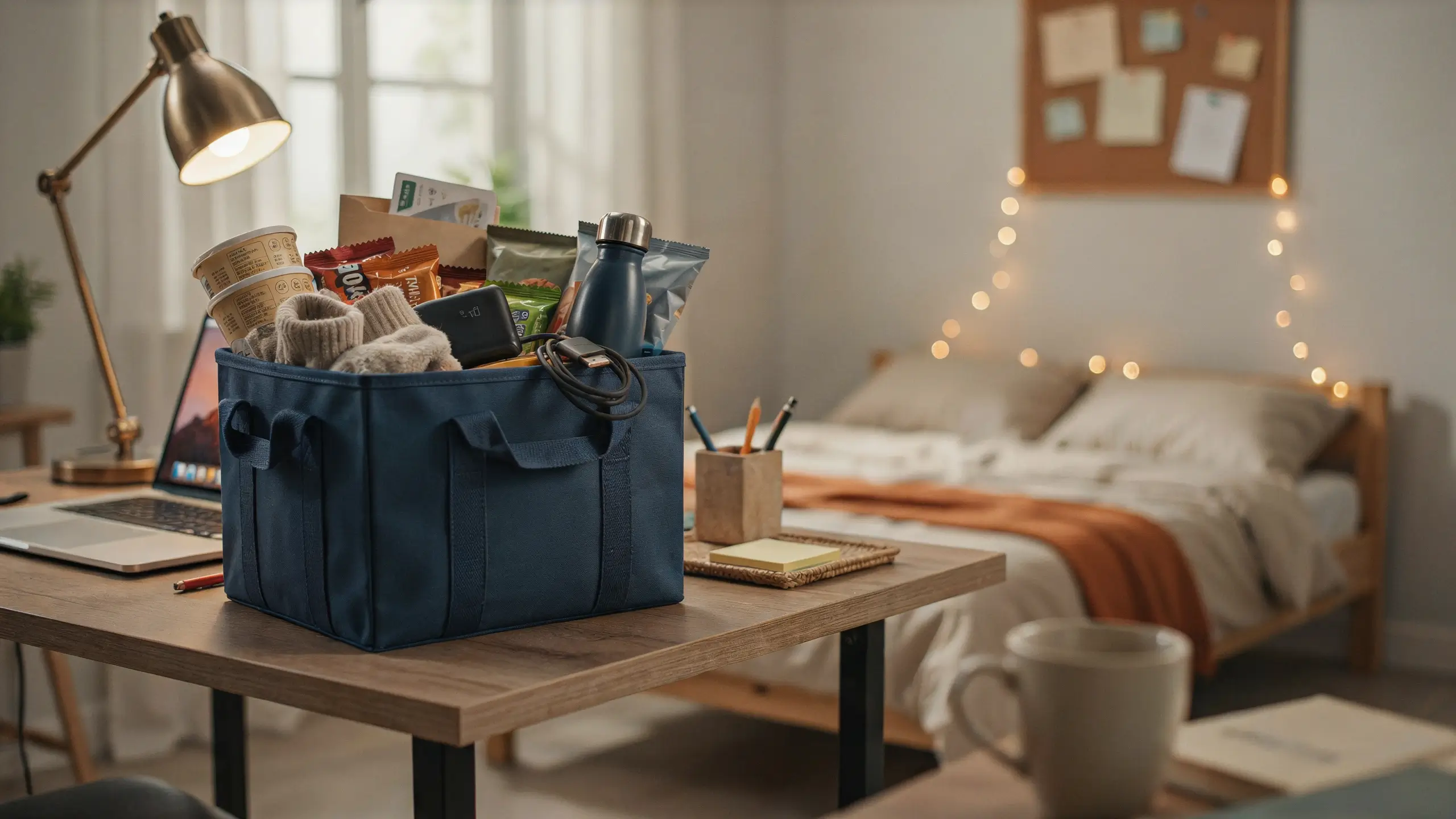 College student care package with snacks, cozy socks, water bottle, power bank, and charging cable in a dorm room.