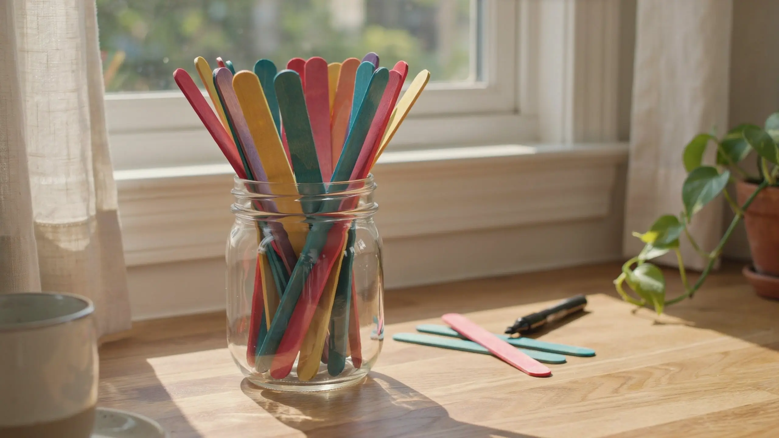 Clear glass jar filled with colorful wooden craft sticks on a sunlit wooden table for summer DIY art projects.