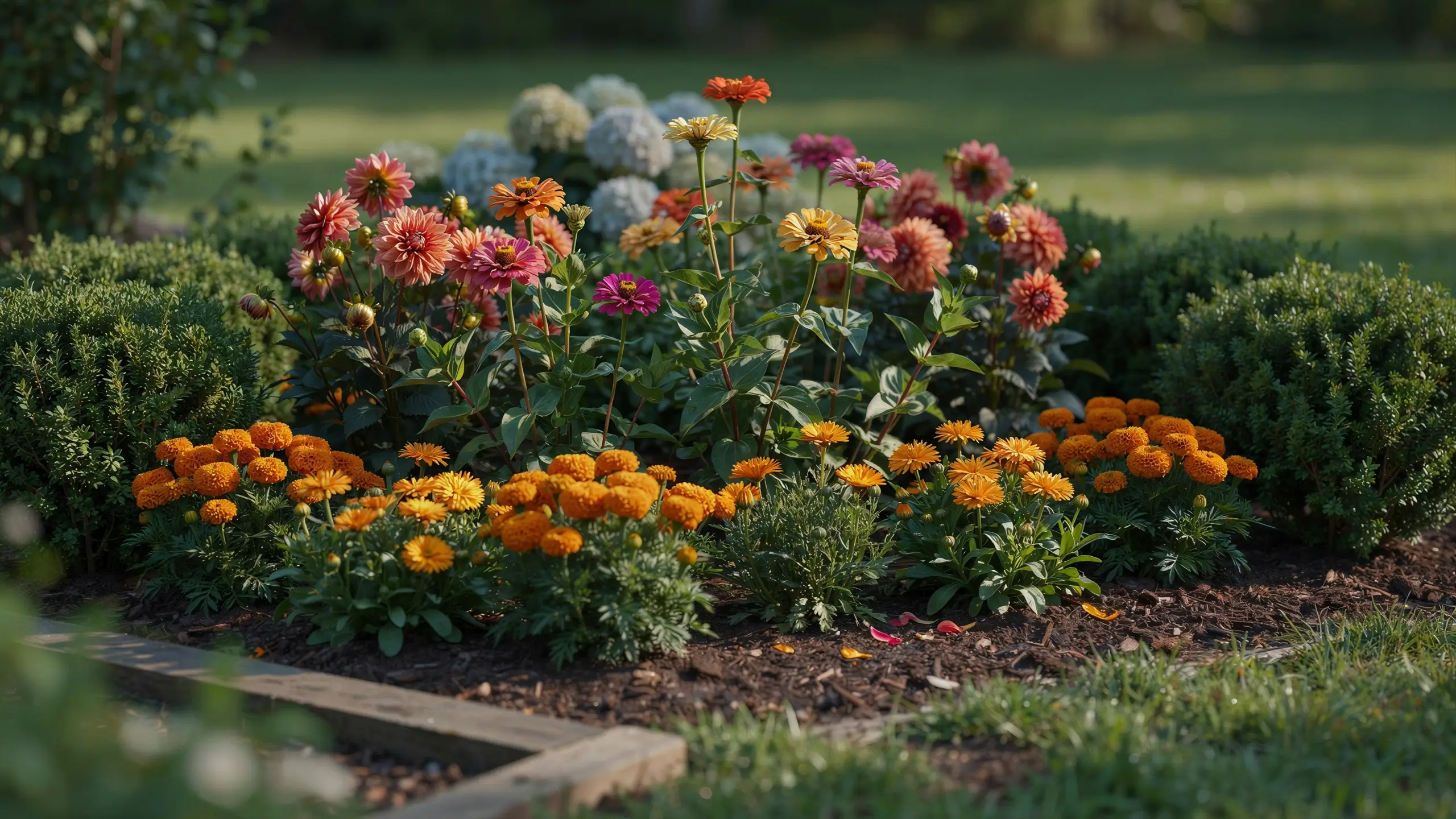 Colorful pink and yellow zinnias with orange marigolds tucked into existing garden landscaping with a rustic wooden border