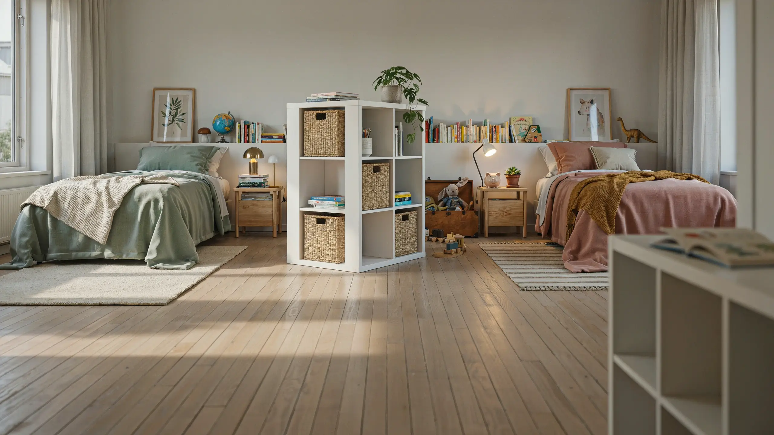 Bright shared kid's bedroom with sage green and pink beds, featuring a white KALLAX and TROFAST shelving combo with woven baskets for hidden toy storage. 