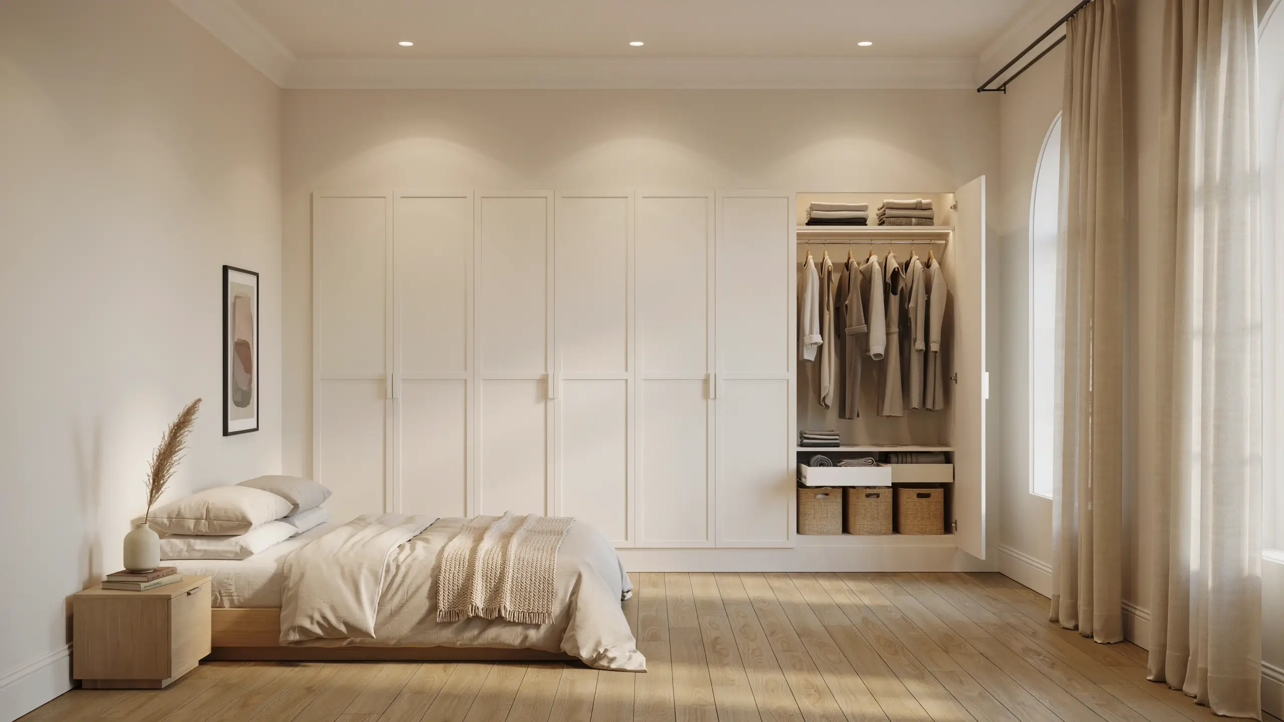 IKEA PAX wardrobes combined to create a built-in closet with white panel doors, open hanging storage, and organized bedroom storage.