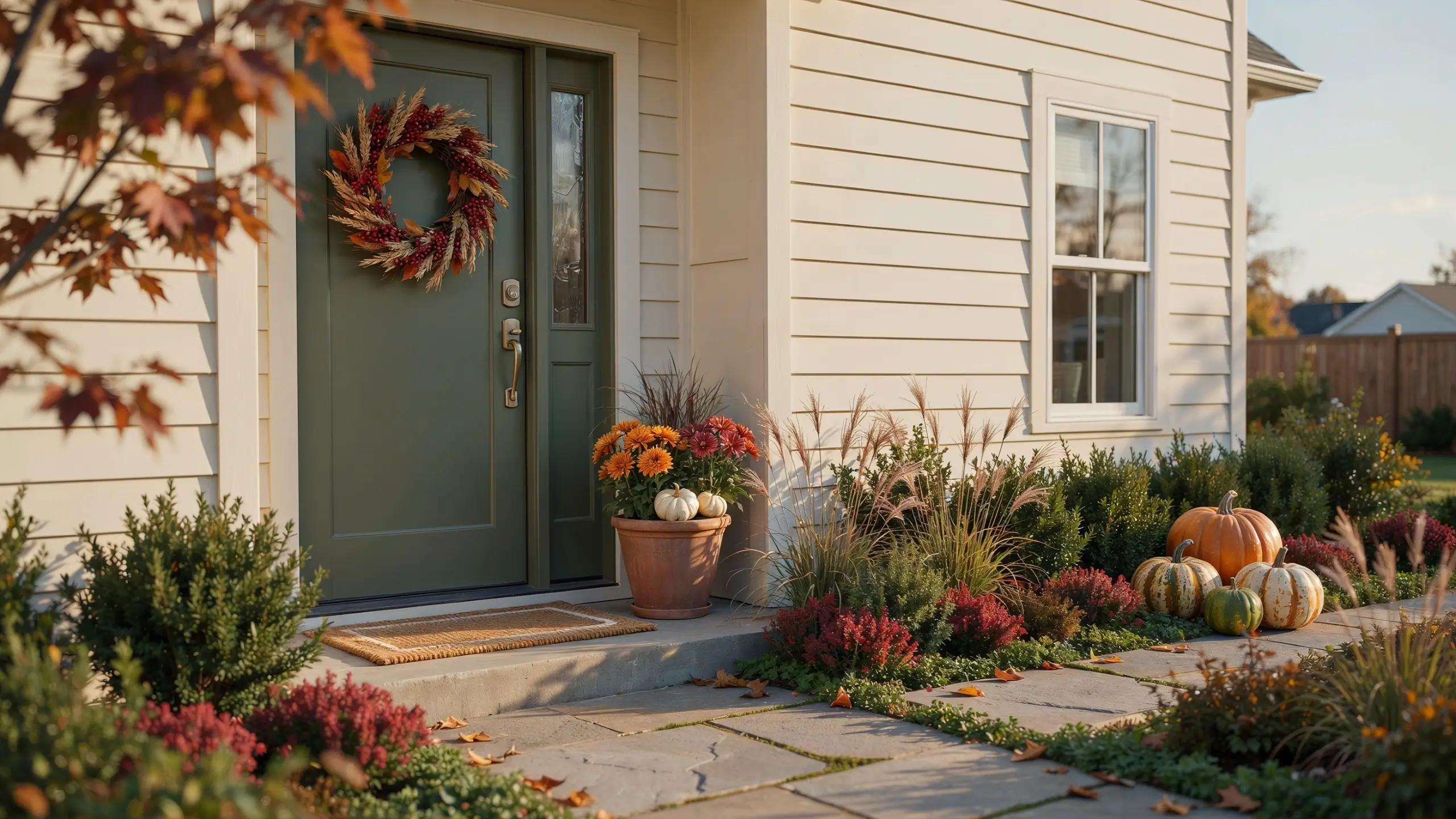 Alt Text: Fall wreath hung on a green front door with pumpkins and potted mums decorating the porch.
