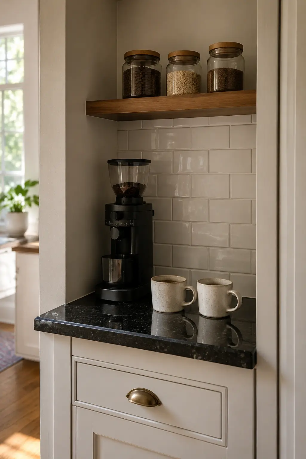 Compact coffee station with black granite ledge, white subway tile, open wood shelf, jars, grinder, and mugs.