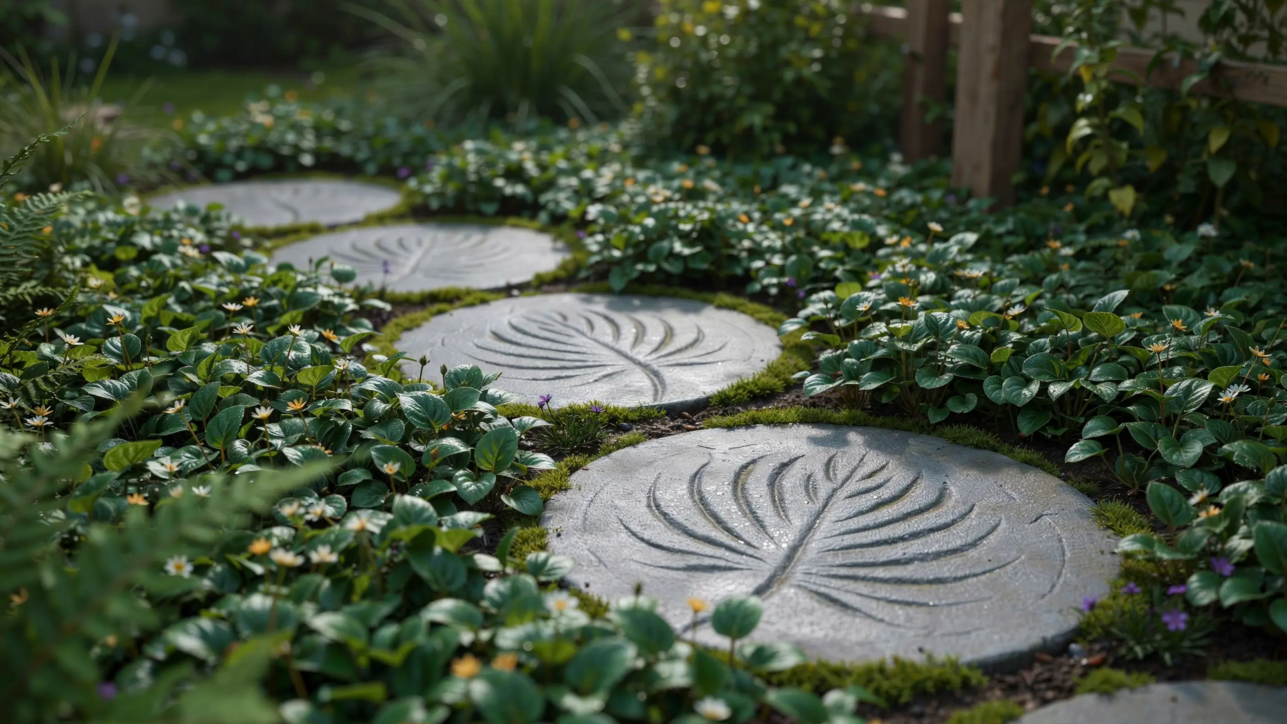 Round concrete stepping stones featuring carved leaf patterns, arranged along a garden path bordered by lush green ground cover and small white flowers. 
