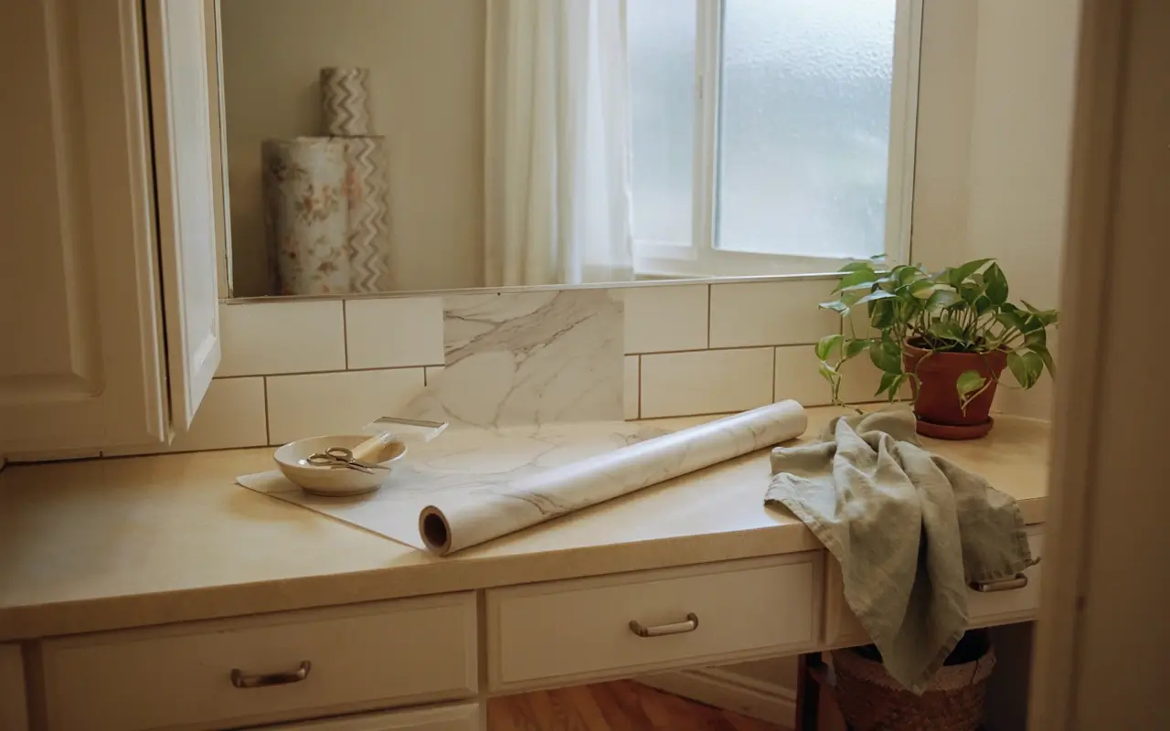 Contact paper roll on bathroom countertop with peel-and-stick tile backsplash makeover.