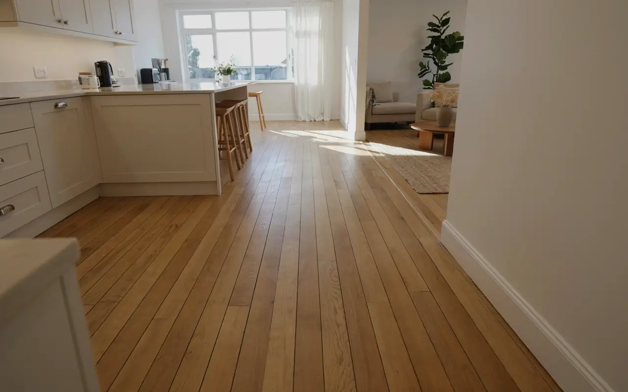 Continuous wood flooring running from a white peninsula kitchen into a bright open living area.