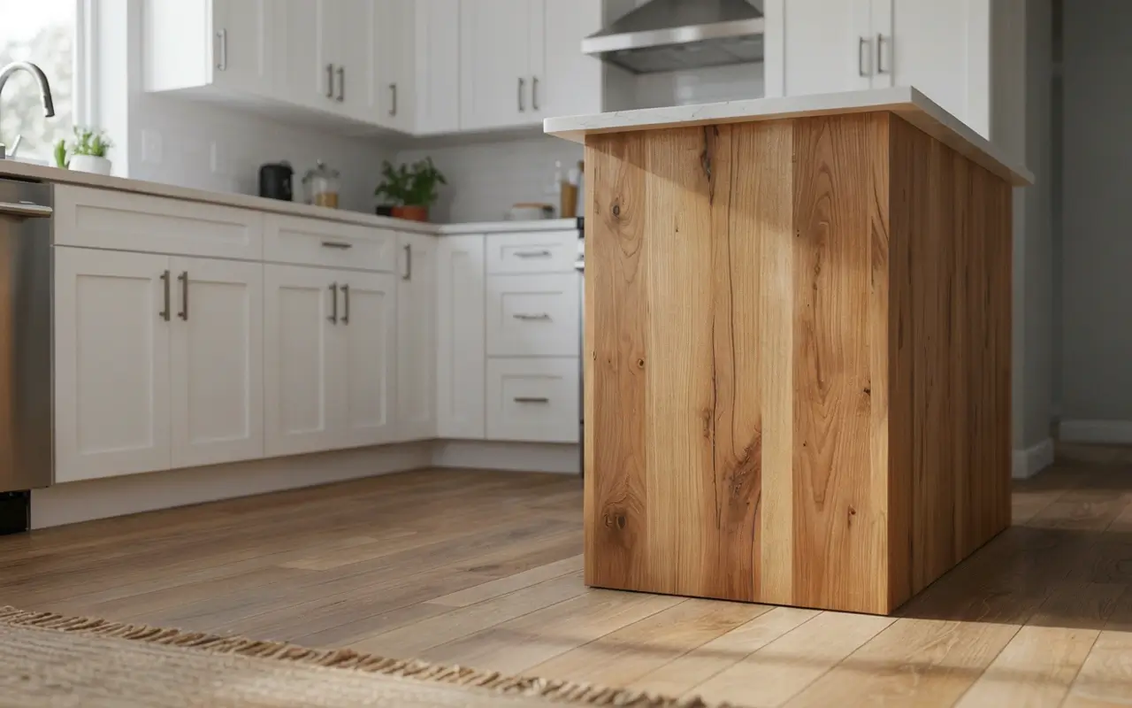 Refaced kitchen island with contrasting wood slab front in a white cabinet kitchen.