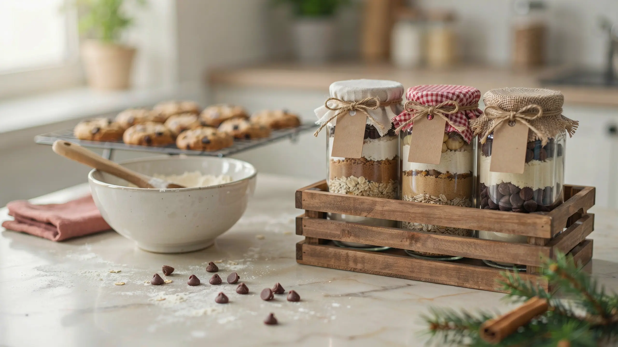 Three layered cookie mix jars in a wooden crate beside a mixing bowl and freshly baked cookies.