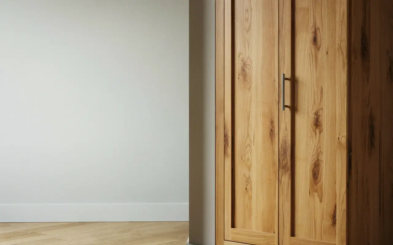 Cool greige wall beside hickory cabinet doors softens the wood’s orange undertone.
