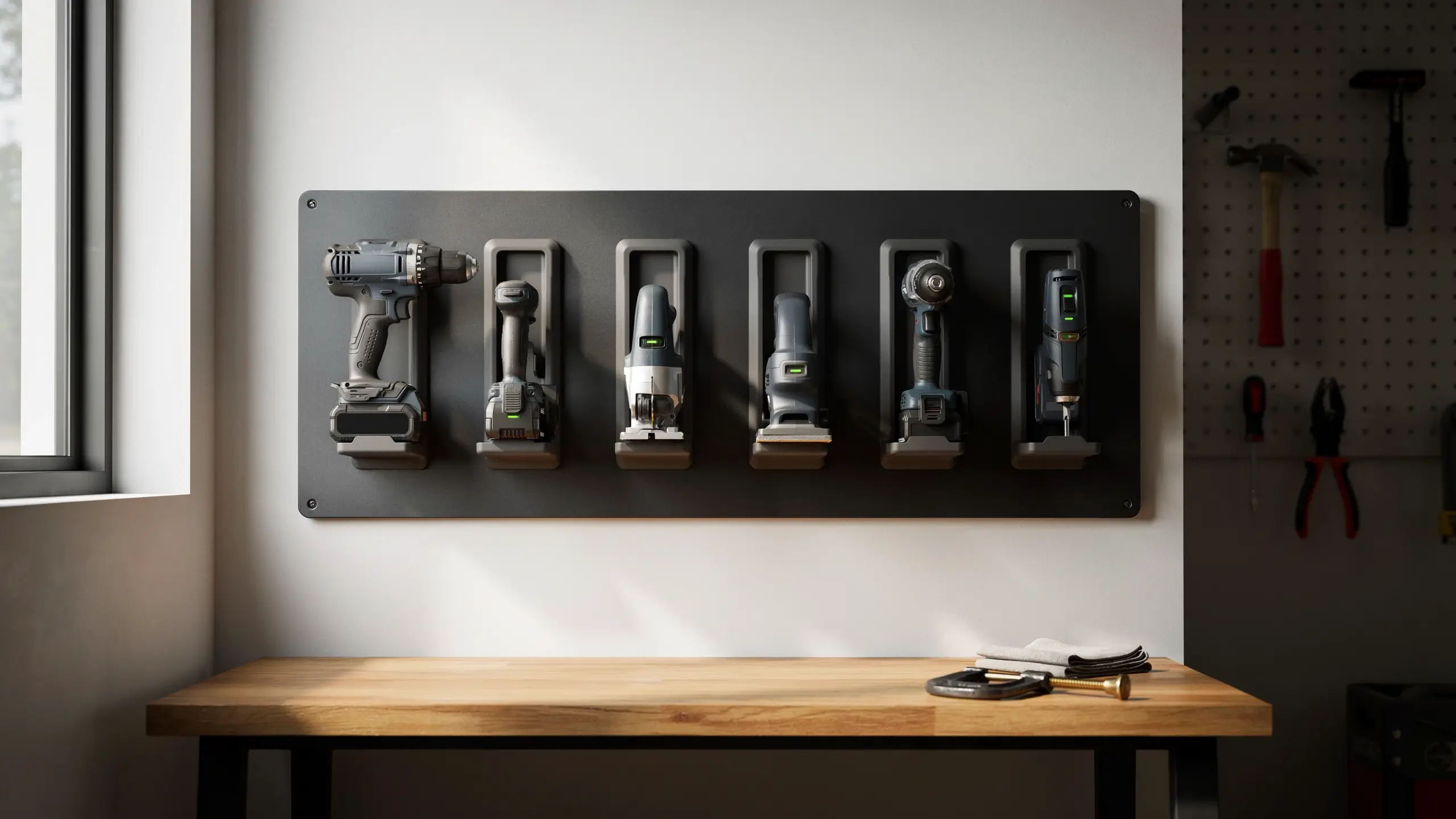 A black wall-mounted docking station organizing six cordless power tools with green battery indicators, installed above a wooden workbench in a bright garage workshop. 