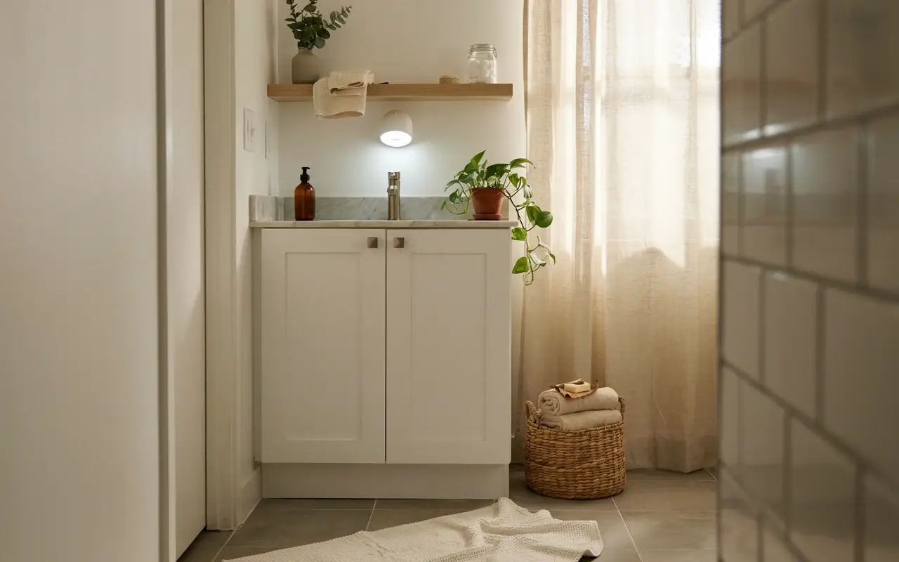 Cordless puck light above a small bathroom vanity with floating shelf and plants.