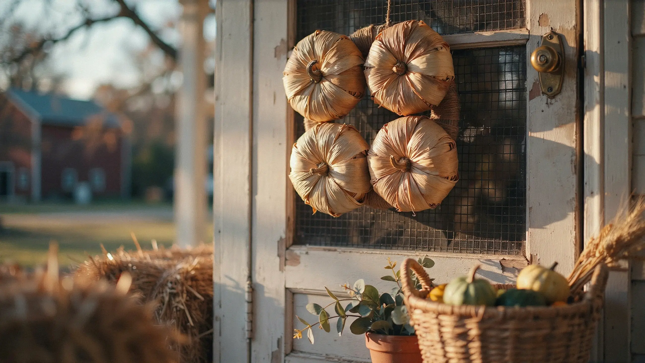 A rustic corn husk pumpkin wreath made of four dried husk pumpkins hanging on a weathered white screen door, paired with a wicker basket of fall gourds, dried wheat, and a hay bale in a warm farmhouse setting.