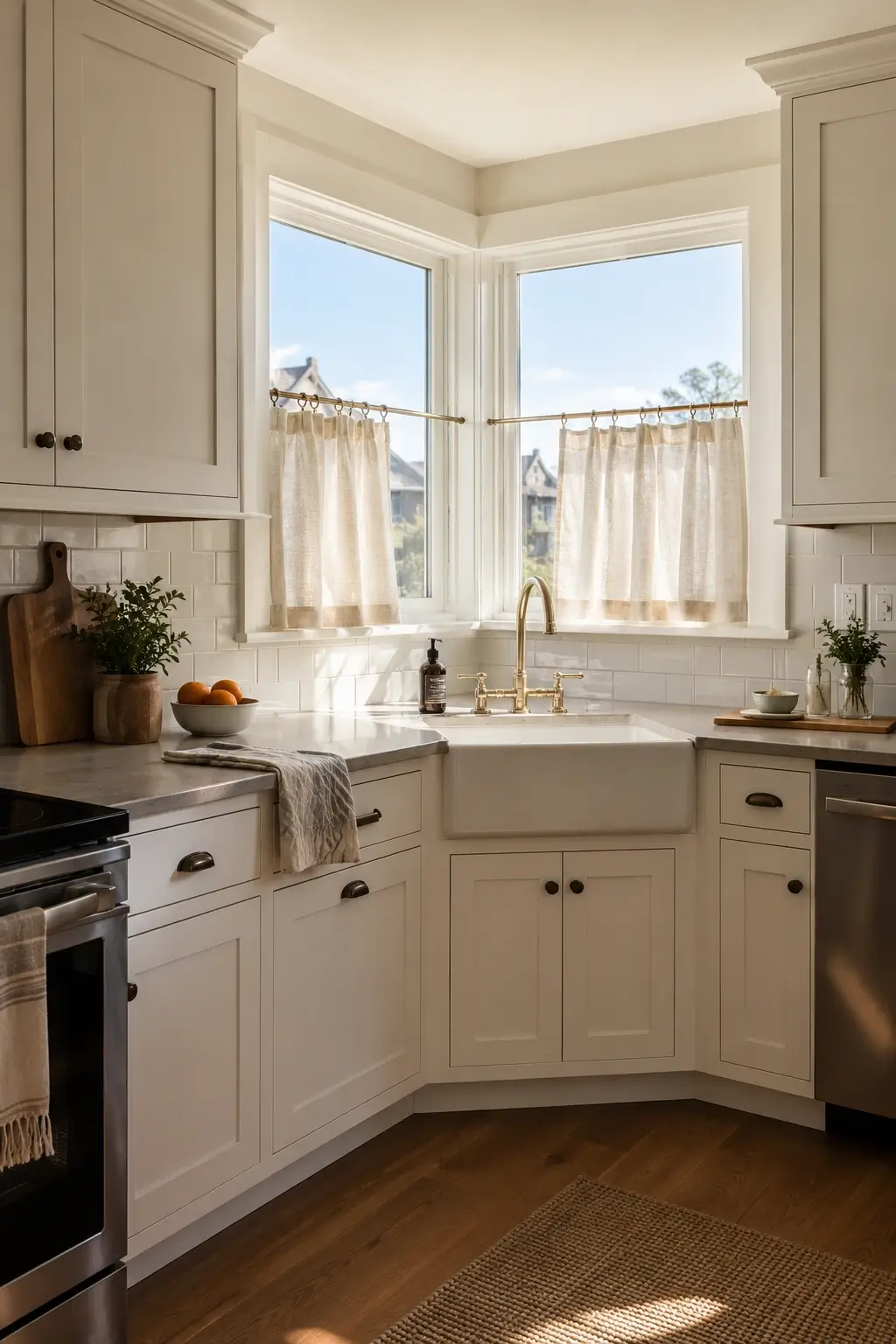 Corner kitchen window with café curtains on brass rods above an apron-front sink for light and privacy